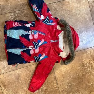 Deuxpardeux snowsuit, jacadi hat and scarf, canada made gloves